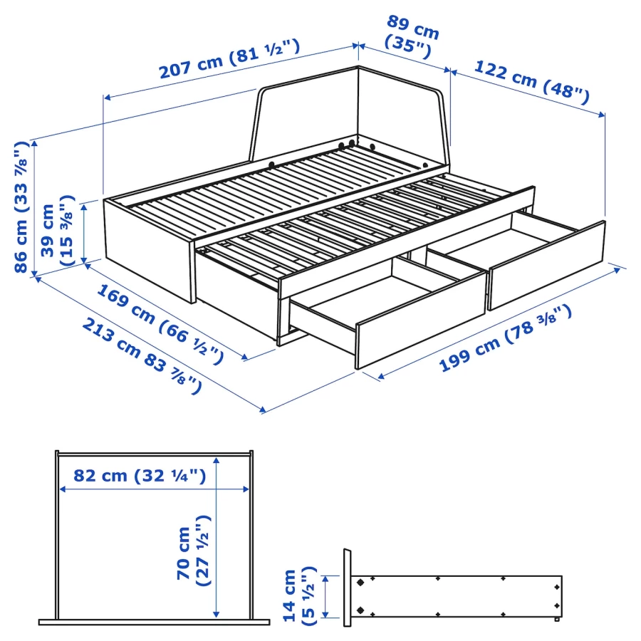 Кушетка с 2 ящиками - IKEA FLEKKE/ФЛЕККЕ ИКЕА, 86х207х88 см, белый (изображение №10)