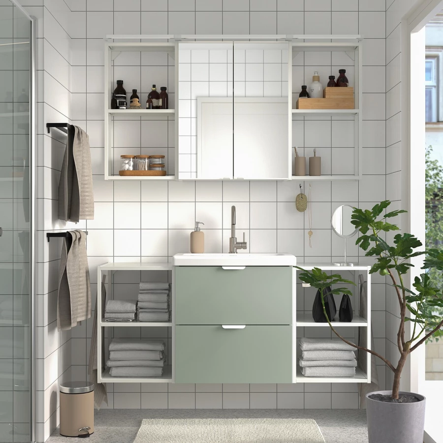 Комбинация для ванной - IKEA ENHET, 140х43х65 см, белый/серо-зеленый, ЭНХЕТ ИКЕА (изображение №2)