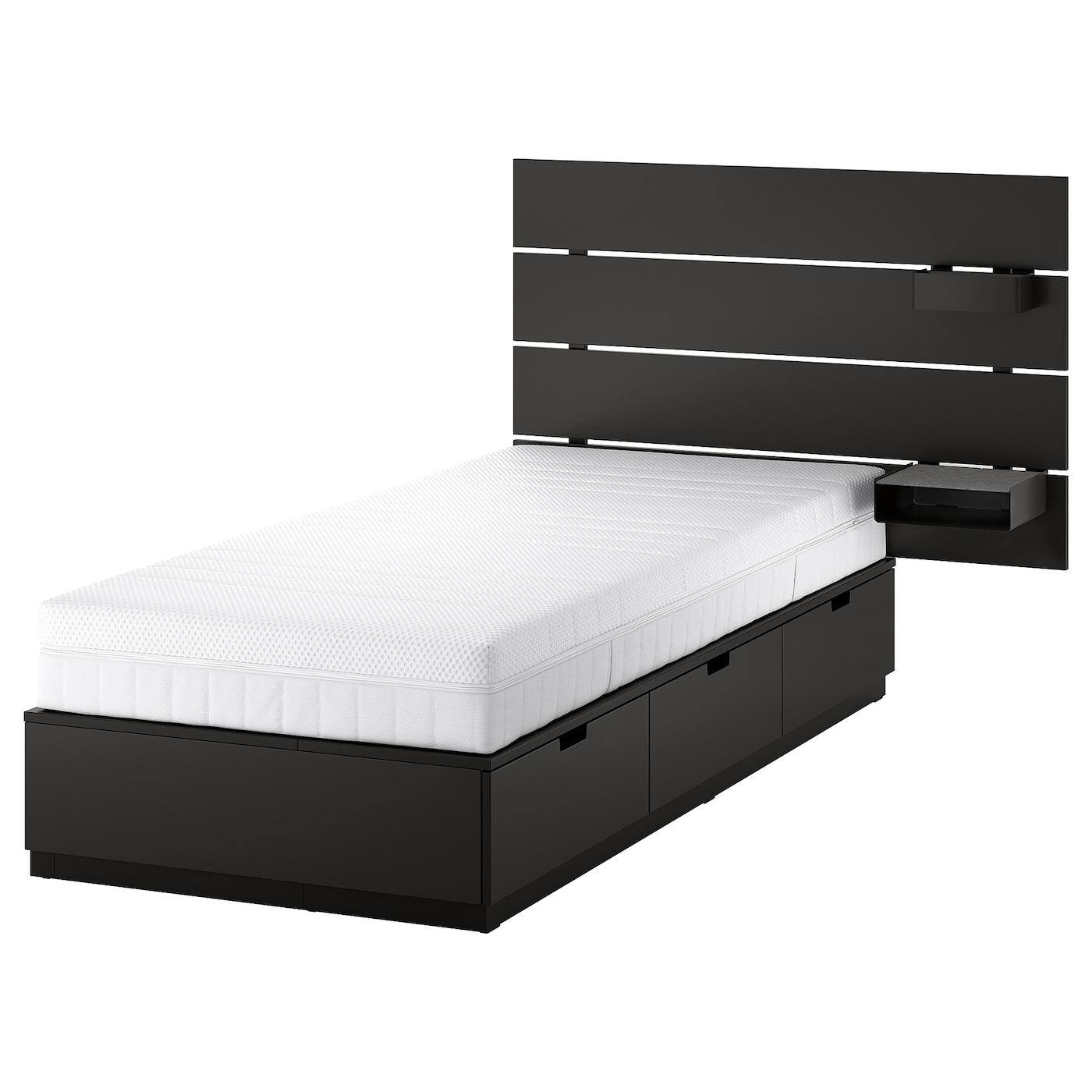 Каркас кровати с контейнером и матрасом - IKEA NORDLI, 200х90 см, матрас жесткий, черный, НОРДЛИ ИКЕА