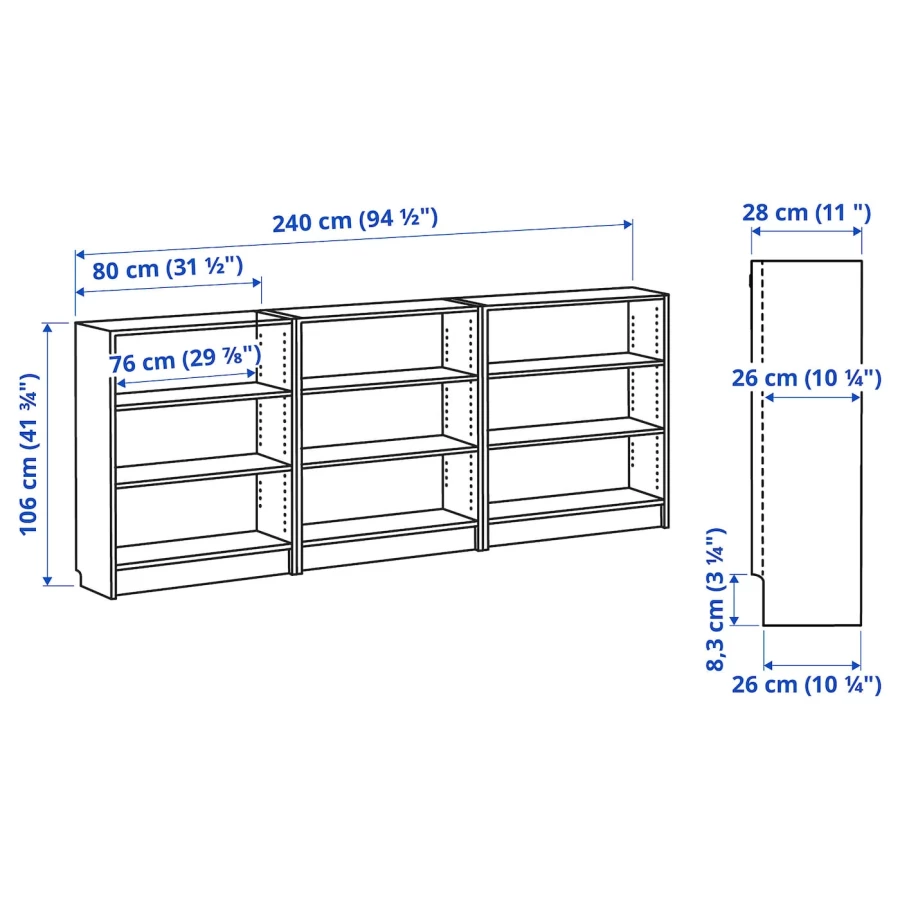 Открытый книжный шкаф - BILLY IKEA/БИЛЛИ ИКЕА, 28х240х106 см, чёрный (изображение №4)