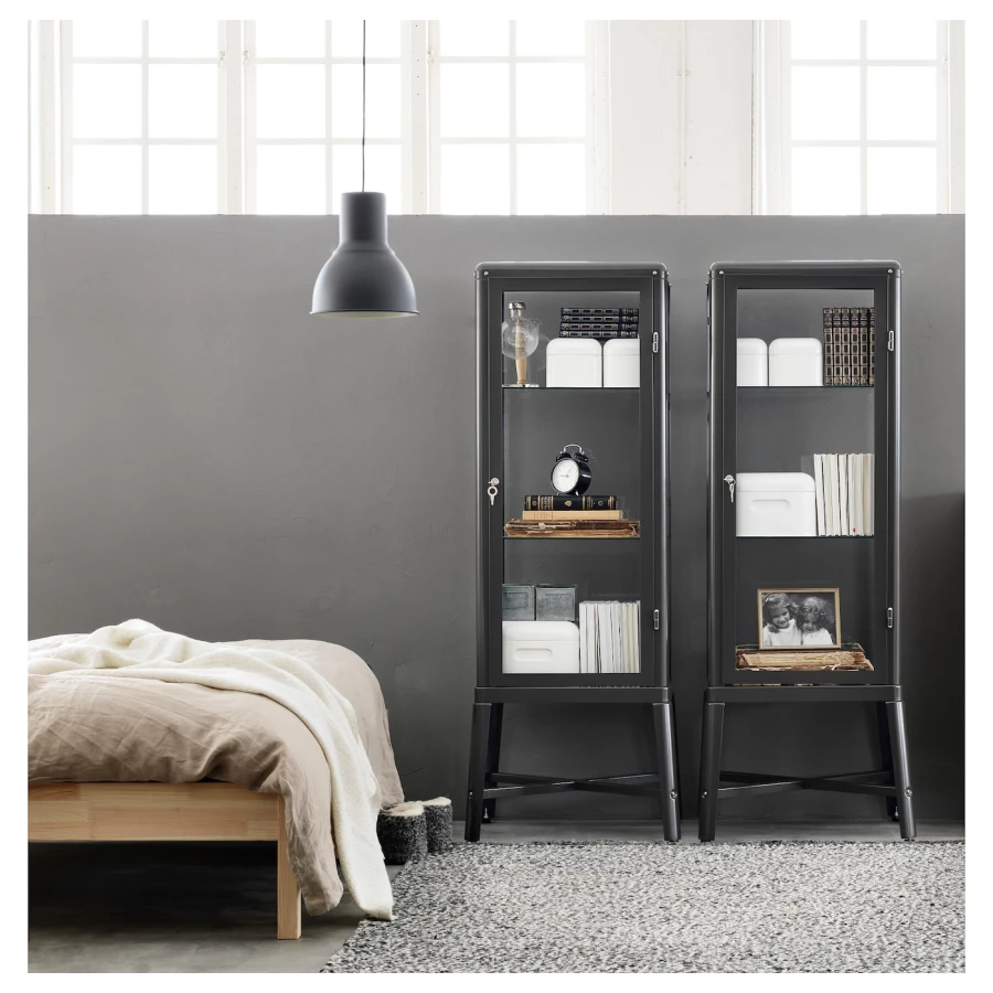 Шкаф со стеклянной дверью - FABRIKÖR IKEA/ ФАБРИКОР ИКЕА, 57x150х47 см, прозрачный/ черный (изображение №3)