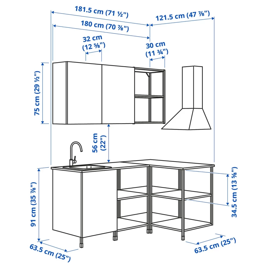 Угловая кухонная комбинация для хранения - ENHET  IKEA/ ЭНХЕТ ИКЕА, 181,5х121,5х75 см, белый/серый (изображение №3)