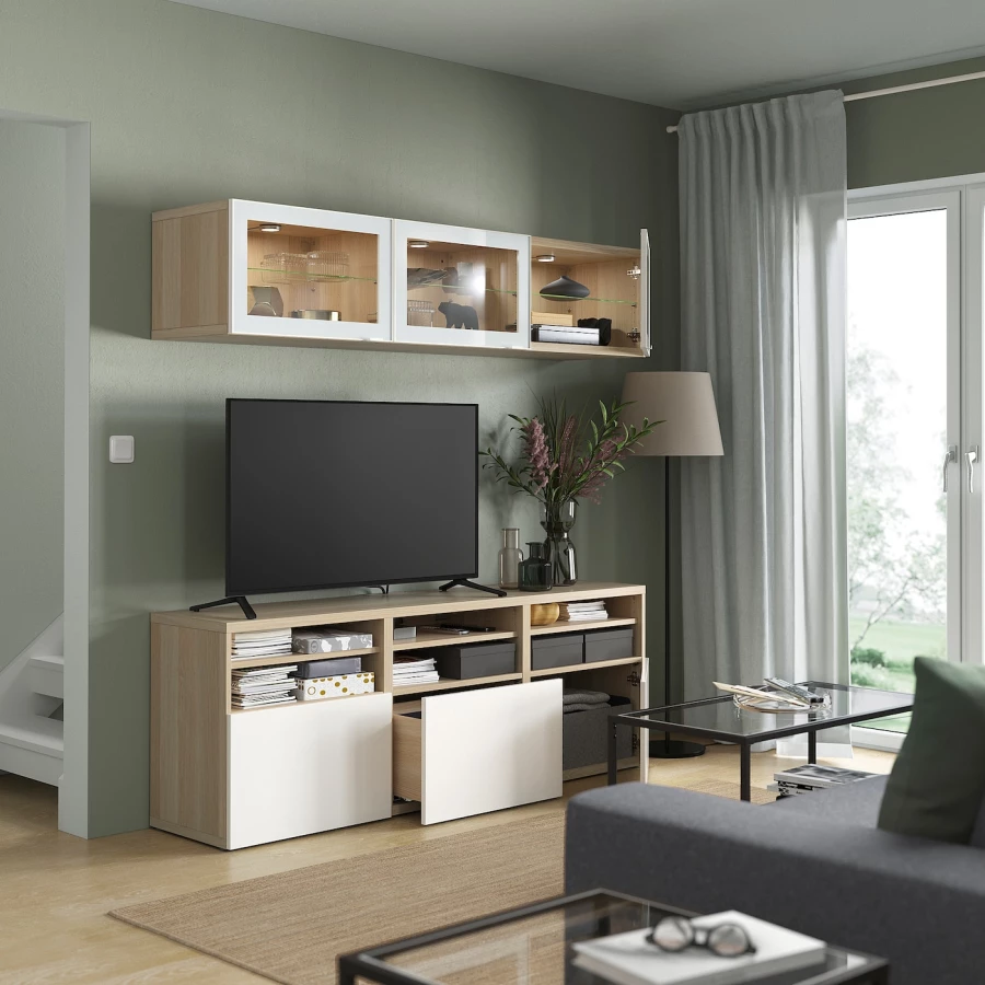 Комбинация для хранения ТВ - IKEA BESTÅ/BESTA, 192x42x180см, белый/светло-коричневый, БЕСТО ИКЕА (изображение №6)