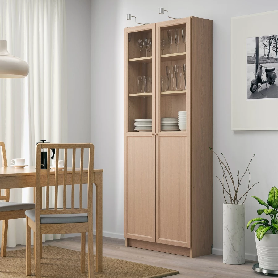 Книжный шкаф с дверцей - BILLY/OXBERG IKEA/ БИЛЛИ/ОКСБЕРГ ИКЕА, 30х80х202 см, светло-коричневый (изображение №2)