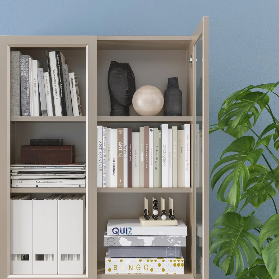 Книжный шкаф со стеклянной дверцей - BILLY IKEA/БИЛЛИ ИКЕА, 30х80х202 см, бежевый (изображение №8)