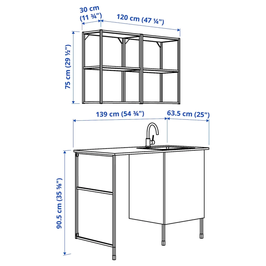 Комбинация шкафов для прачечной и кухни - ENHET  IKEA/ ЭНХЕТ ИКЕА, 139x63,5x87,5 см, белый/черный (изображение №4)