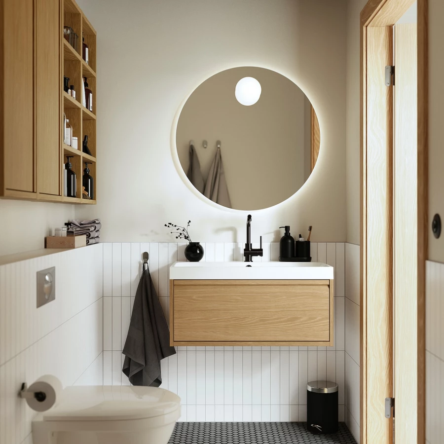Тумба для ванной - ÄNGSJÖN / BACKSJÖN/АNGSJОN / BACKSJОN  IKEA/ ЭНГСЬЕН / БЭКСЬЕН ИКЕА,  80х39 см , белый/коричневый (изображение №2)