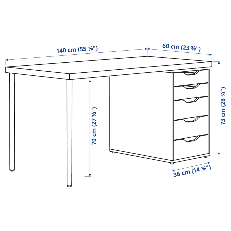 Письменный стол с ящиком - IKEA MÅLSKYTT/MALSKYTT/ALEX, 140x60 см, белый/береза,  МОЛСКЮТТ/АЛЕКС ИКЕА (изображение №6)