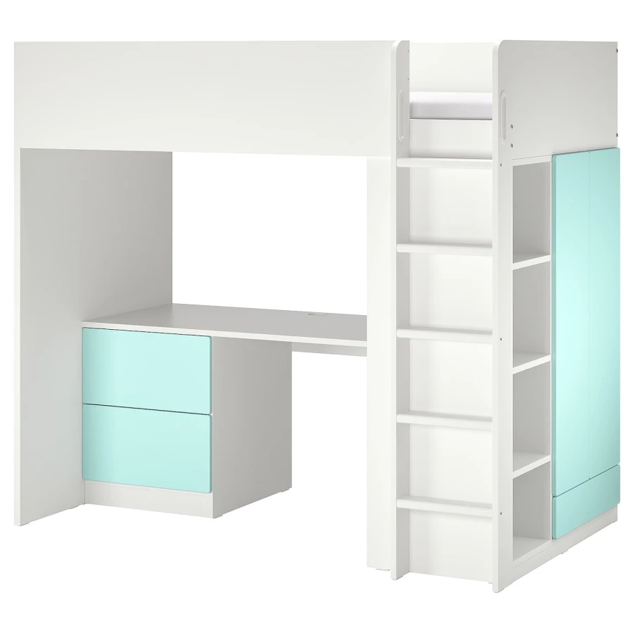 Кровать двухъярусная - IKEA SMÅSTAD/SMASTAD/СМОСТАД ИКЕА, 90x200 см, белый/бирюзовый (изображение №1)