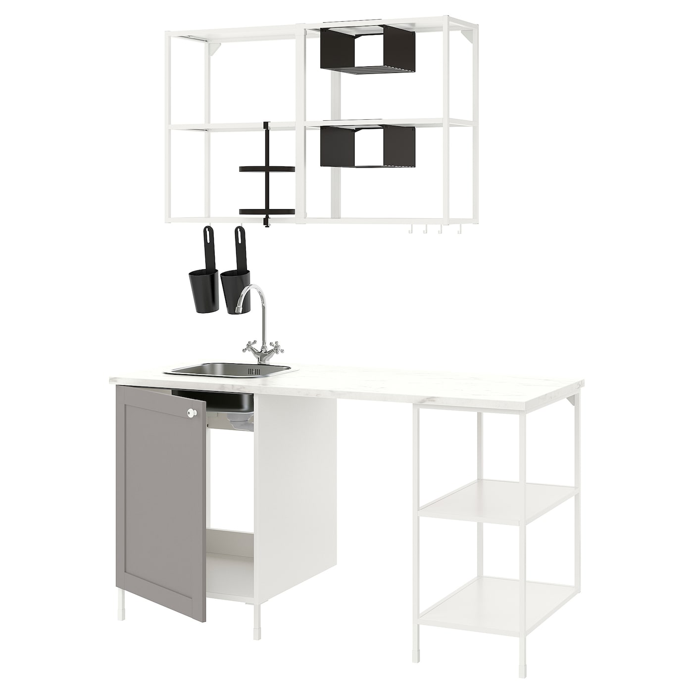 Комбинация для кухонного хранения  - ENHET  IKEA/ ЭНХЕТ ИКЕА, 163x63,5x222 см, белый/серый