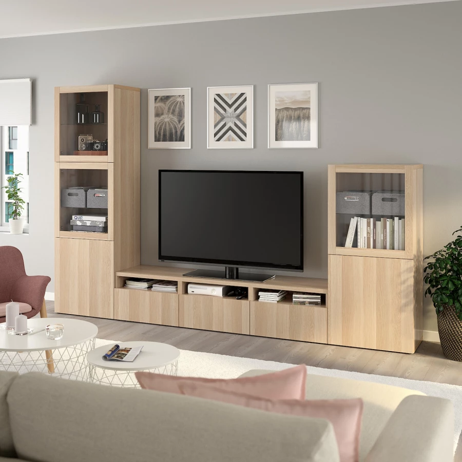 Комплект мебели д/гостиной  - BESTÅ / BESTА IKEA/ БЕСТА ИКЕА, 300х193х42 см, под беленый дуб (изображение №6)