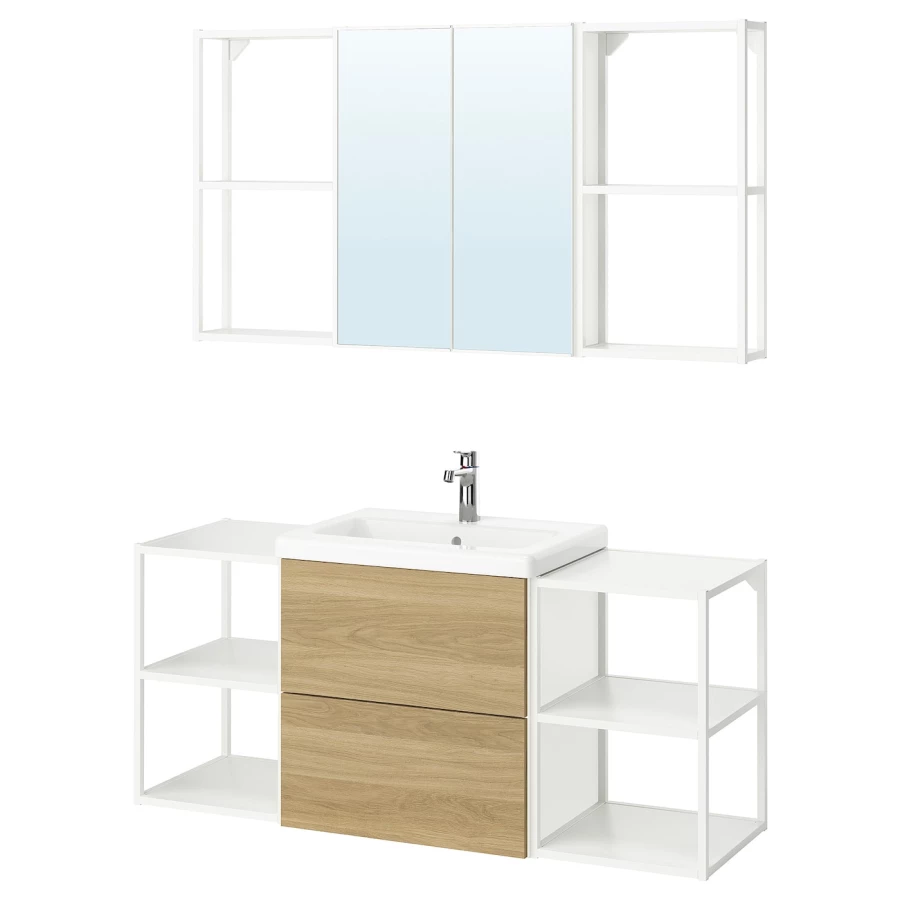 Комбинация для ванной - IKEA ENHET, 140х43х65 см, белый/имитация дуба, ЭНХЕТ ИКЕА (изображение №1)