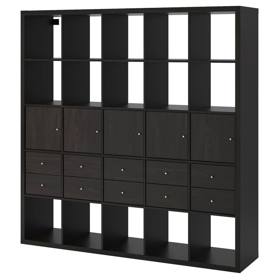 Стеллаж 25 ячеек с ящиками и дверцами - IKEA KALLAX, 182х182 см, черный, КАЛЛАКС ИКЕА (изображение №1)