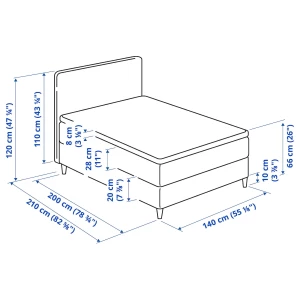 Континентальная кровать - IKEA DUNVIK, 200х140 см, жесткий матрас, темно-серый, ДУНВИК ИКЕА
