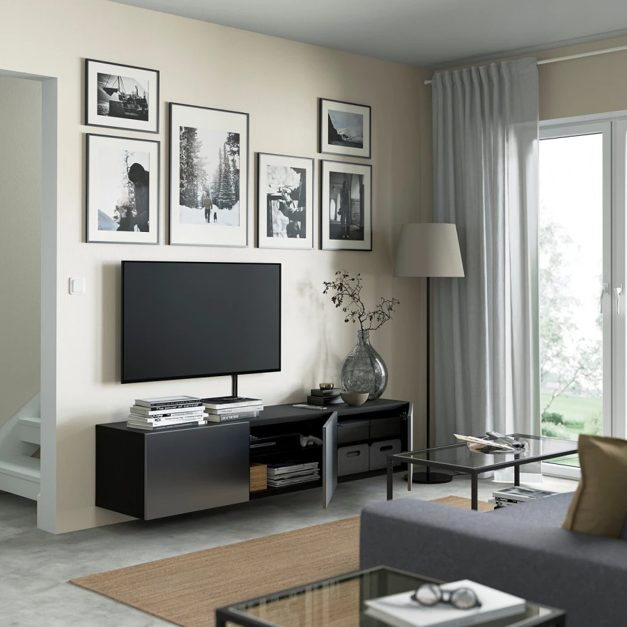Тумба под ТВ с дверцами - IKEA BESTÅ/BESTA/БЕСТО ИКЕА, 42х38х180 см, черный/серый металлик (изображение №2)
