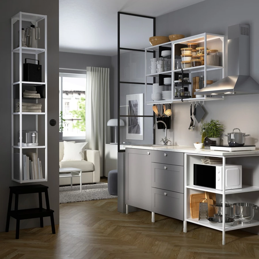 Комбинация для кухонного хранения  - ENHET  IKEA/ ЭНХЕТ ИКЕА, 183x63,5x222 см, белый/серый (изображение №2)