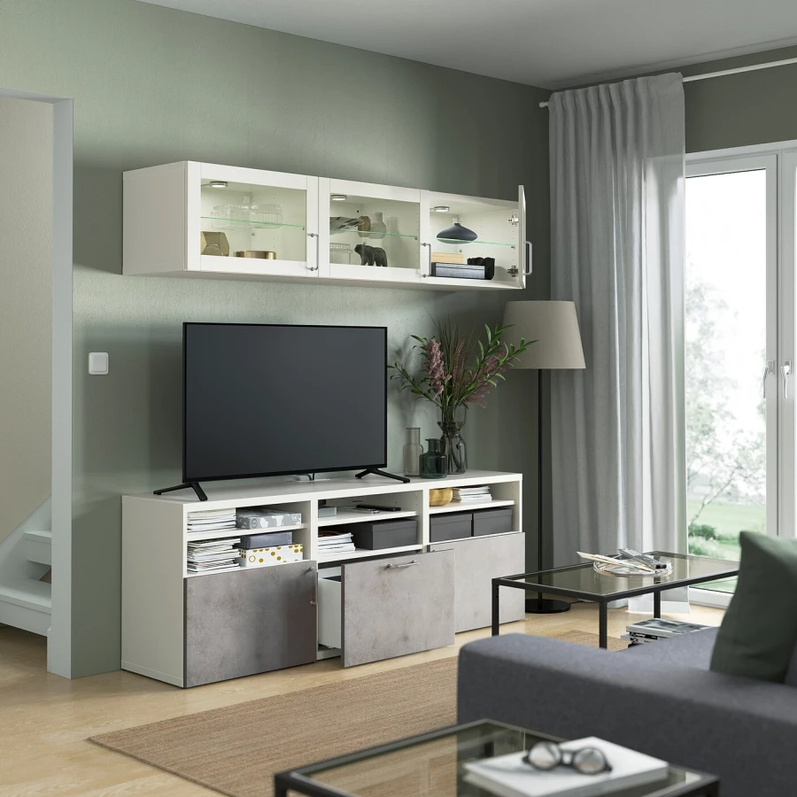 Комбинация для хранения ТВ - IKEA BESTÅ/BESTA, 190x42x180см, белый/серый, БЕСТО ИКЕА (изображение №2)