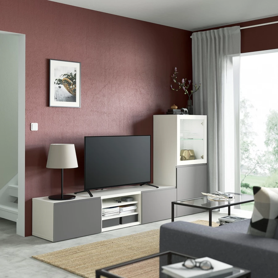 Комбинация для хранения ТВ - IKEA BESTÅ/BESTA, 129x42x240см, серый/белый, БЕСТО ИКЕА (изображение №2)