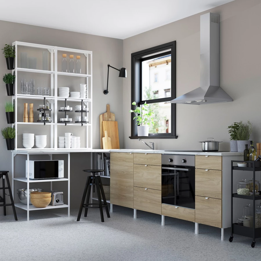 Угловая кухонная комбинация для хранения - ENHET  IKEA/ ЭНХЕТ ИКЕА, 181,5х281,5х75 см, белый/бежевый (изображение №2)