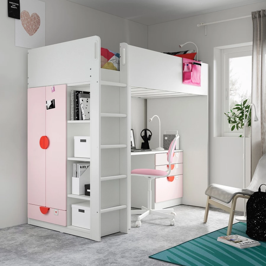 Кровать двухъярусная - IKEA SMÅSTAD/SMASTAD/СМОСТАД ИКЕА, 90x200 см, белый/розовый (изображение №5)