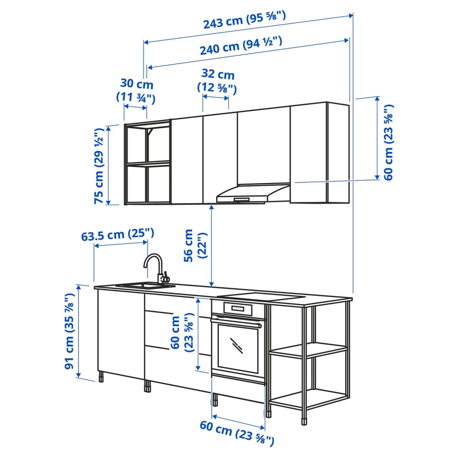 Кухня - ENHET  IKEA/ ЭНХЕТ ИКЕА, 243х222 см, белый/черный (изображение №3)