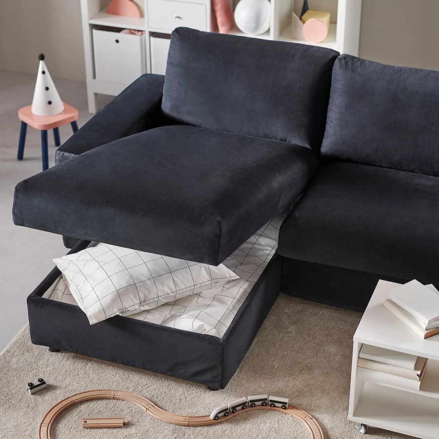 5-местный угловой диван со спальным местом - IKEA VIMLE/SAXEMARA, сине-черный, 256/356х164х83 см, 140х200 см, ВИМЛЕ ИКЕА (изображение №5)