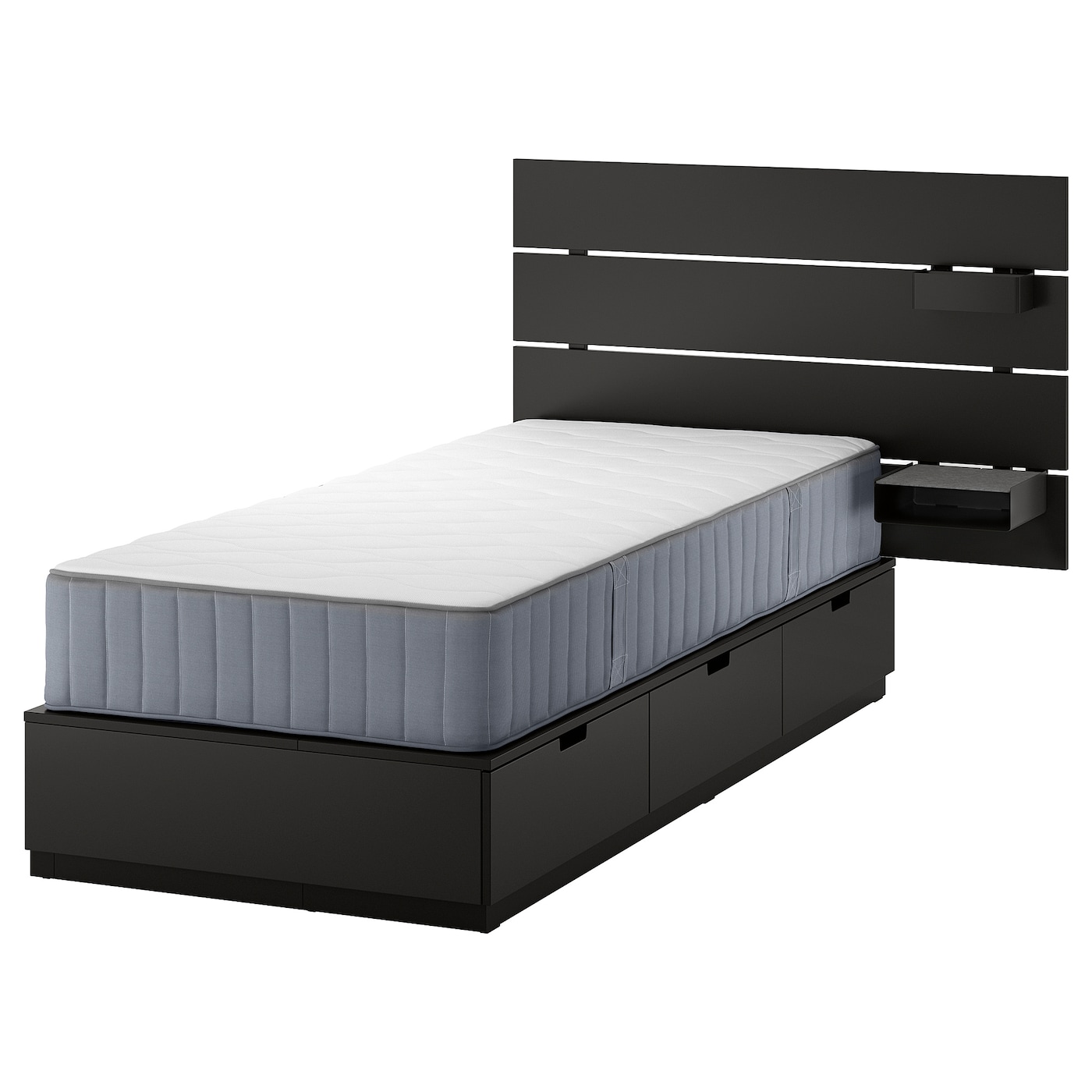 Каркас кровати с контейнером и матрасом - IKEA NORDLI, 200х90 см, матрас средне-жесткий, черный, НОРДЛИ ИКЕА