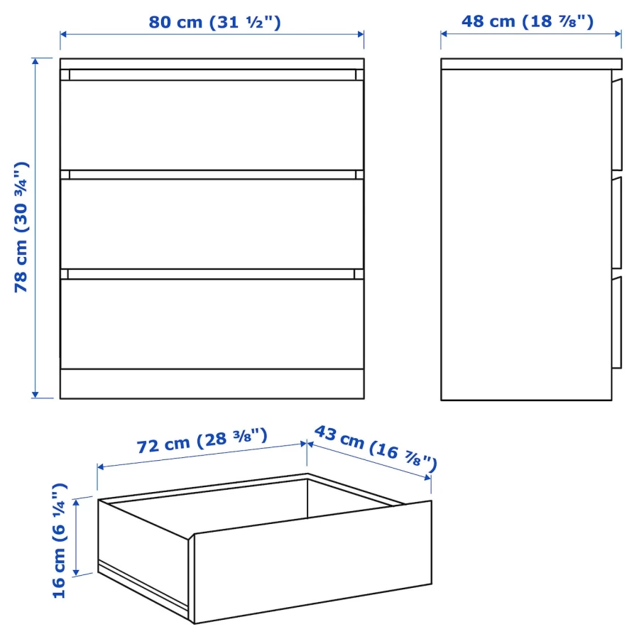 Комод с 3 ящиками - IKEA MALM, 80x78х48 см, белый МАЛЬМ ИКЕА (изображение №6)