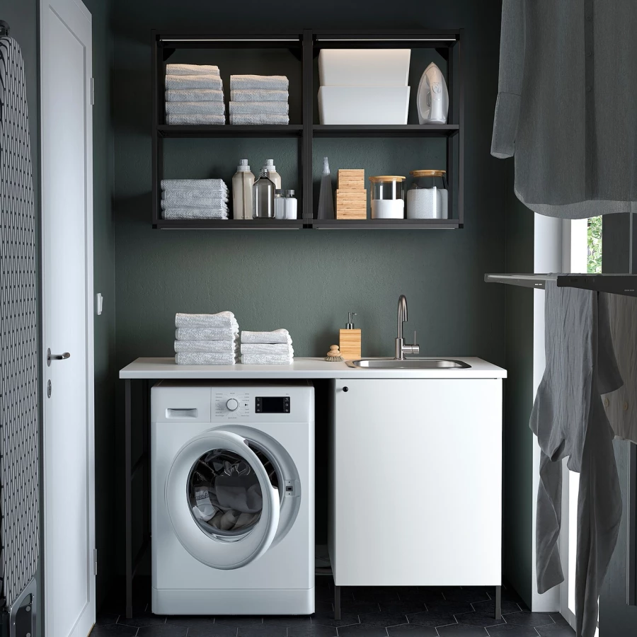 Комбинация шкафов для прачечной и кухни - ENHET  IKEA/ ЭНХЕТ ИКЕА, 139x63,5x87,5 см, белый/черный (изображение №2)
