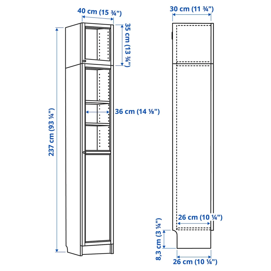 Книжный шкаф с дверцей - BILLY/OXBERG IKEA/ БИЛЛИ/ОКСБЕРГ ИКЕА, 30х40х237 см, белый (изображение №6)