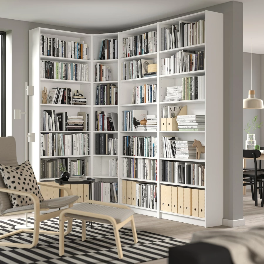 Угловой книжный шкаф - BILLY IKEA/БИЛЛИ ИКЕА, 28х135/215х237 см, белый (изображение №4)