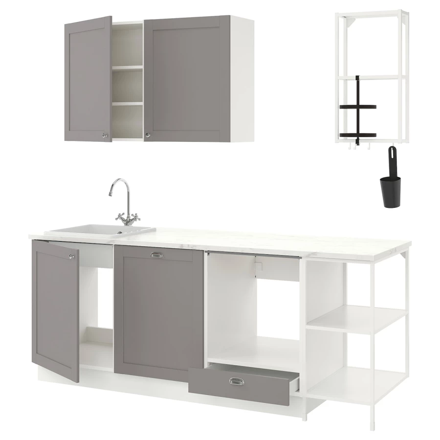 Кухня - IKEA ENHET/ЭНХЕТ ИКЕА, 223х223х63,5 см, белый/серый (изображение №1)