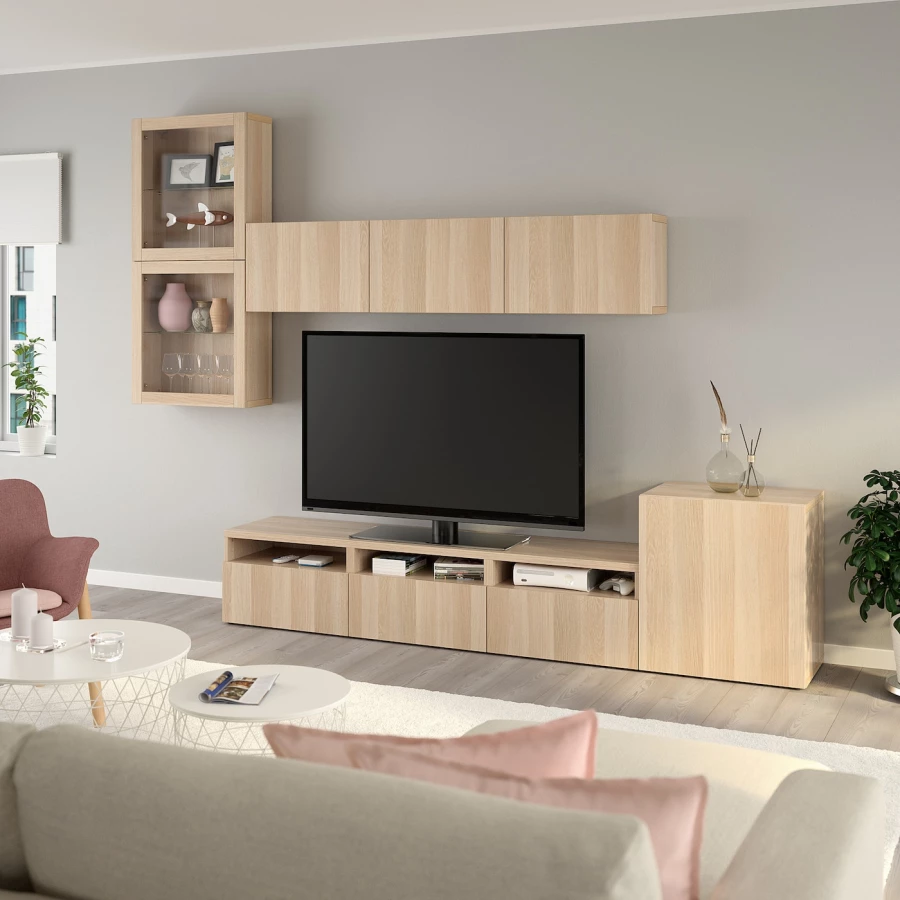 Комплект мебели д/гостиной  - BESTÅ / BESTА IKEA/ БЕСТА ИКЕА, 300х211 см, под беленый дуб (изображение №6)