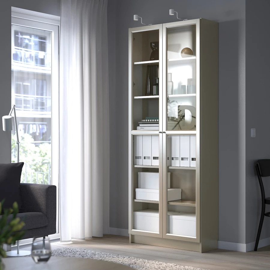 Книжный шкаф со стеклянной дверцей - BILLY IKEA/БИЛЛИ ИКЕА, 30х80х202 см, бежевый (изображение №3)