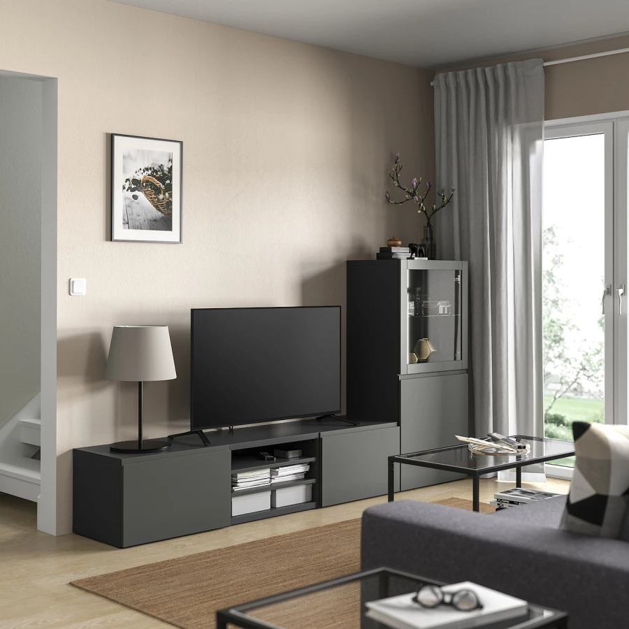 Комбинация для хранения ТВ - IKEA BESTÅ/BESTA, 129x42x240см, темно-серый, БЕСТО ИКЕА (изображение №2)