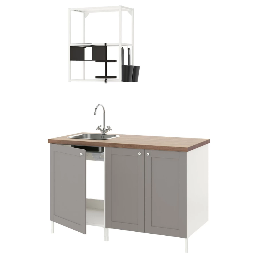 Комбинация для кухонного хранения  - ENHET  IKEA/ ЭНХЕТ ИКЕА, 143x63,5x222 см, белый/серый/бежевый (изображение №1)