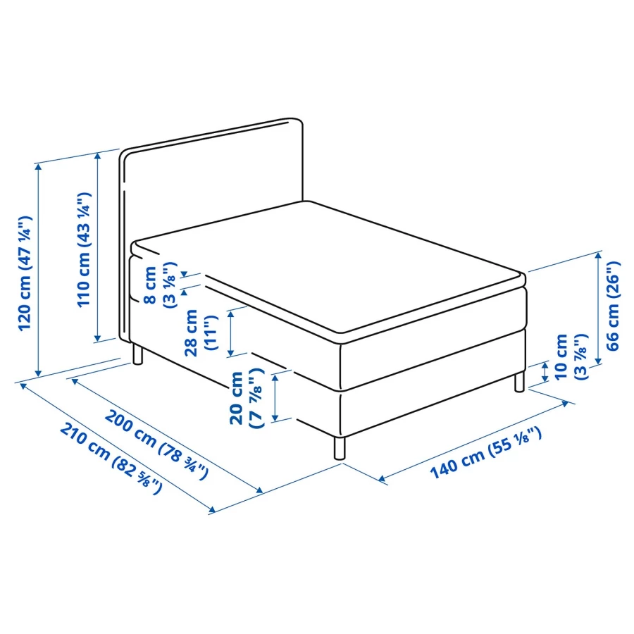 Континентальная кровать - IKEA DUNVIK, 200х140 см, матрас средне-жесткий, темно-серый, ДУНВИК ИКЕА (изображение №9)