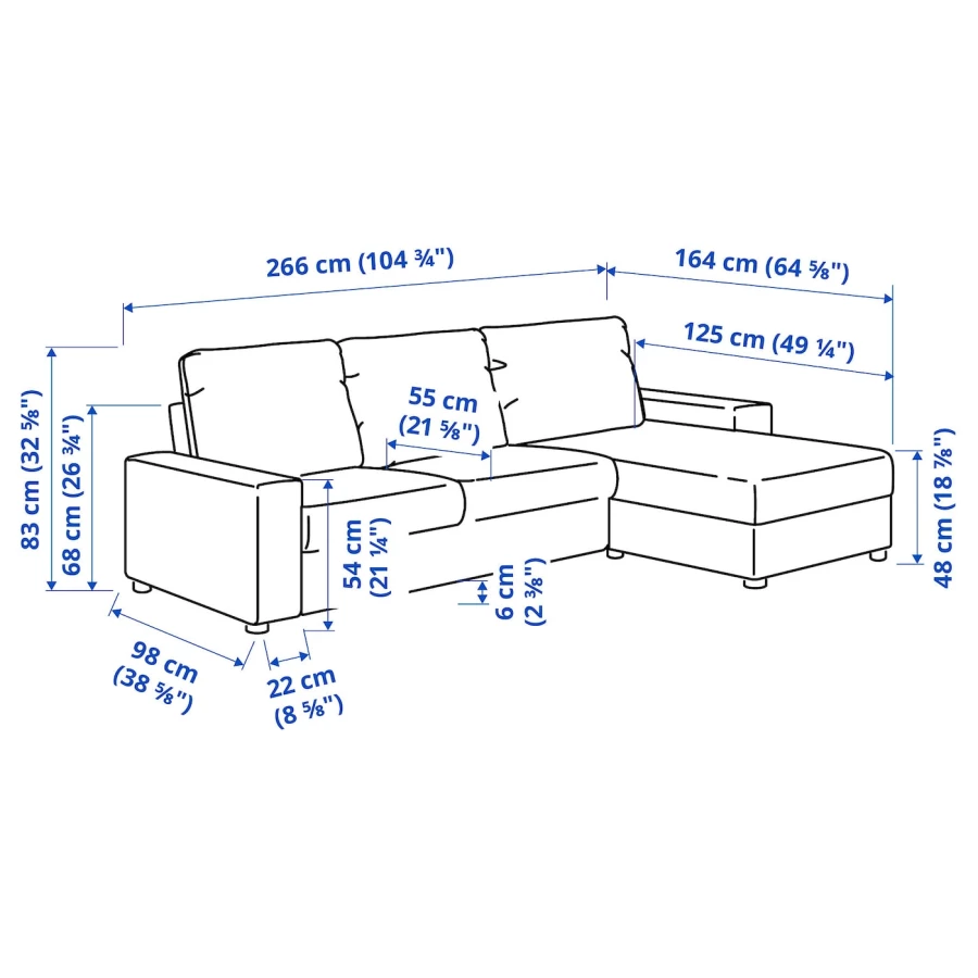 Диван угловой 2-местный - IKEA VIMLE, 266х98/164х83 см, серый, ВИМЛЕ ИКЕА (изображение №7)