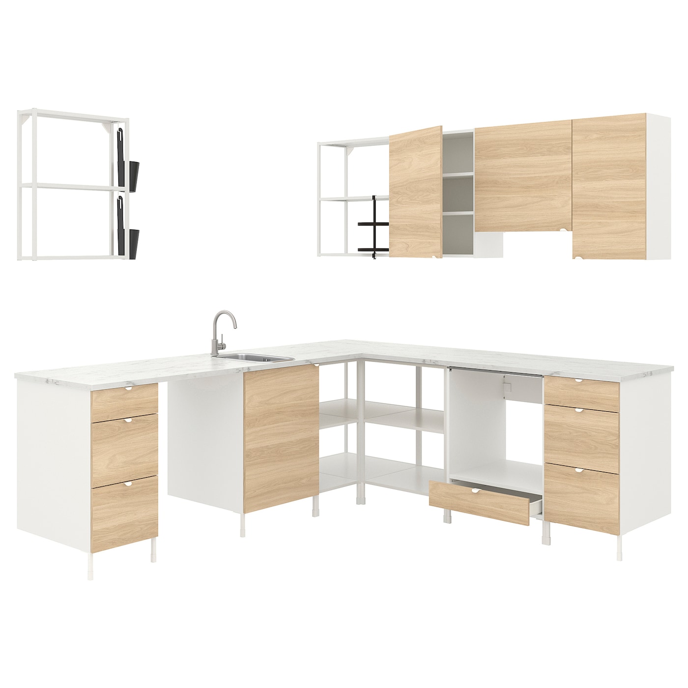 Угловая кухонная комбинация для хранения - ENHET  IKEA/ ЭНХЕТ ИКЕА, 261.5х221,5х75 см, белый/бежевый
