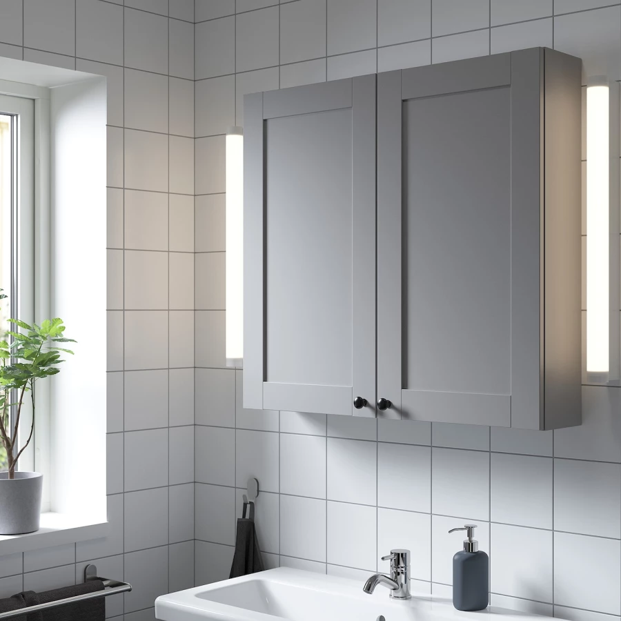Настенный шкаф для ванной комнаты - ENHET IKEA/ ЭНХЕТ ИКЕА, 80х75х17 см, серый (изображение №2)