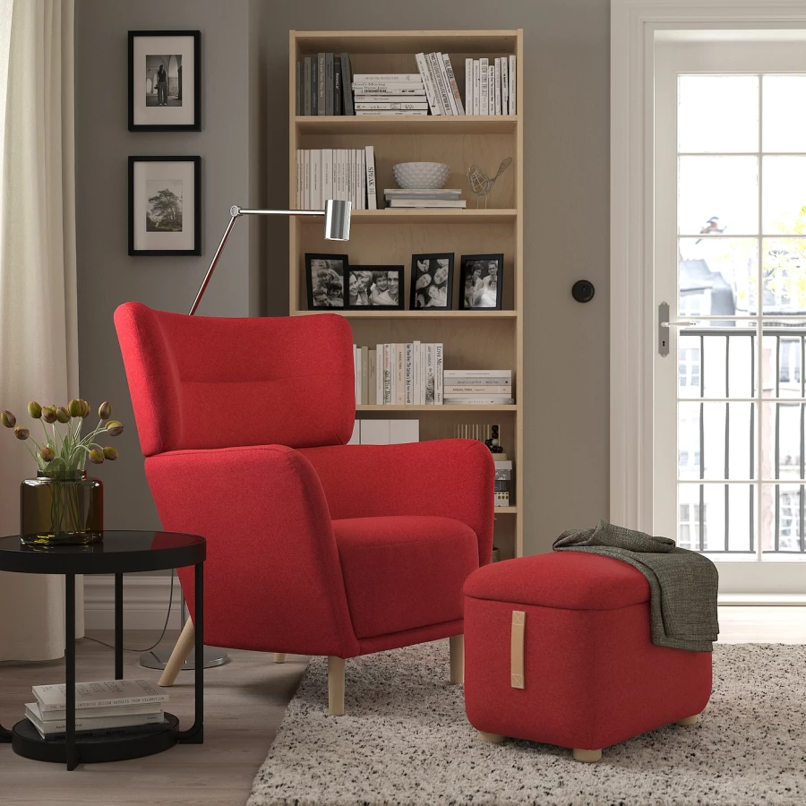 Кресло с подлокотником и пуф - IKEA OSKARSHAMN, 82х96х101 см, красный, ОСКАРСХАМН ИКЕА (изображение №2)