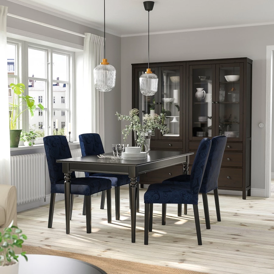 Стол и 4 стула - INGATORP / BERGMUND IKEA/ ИНГАТОРП/БЕРГМУНД ИКЕА, 155х87х74  см, синий с рисунком/коричневый (изображение №2)