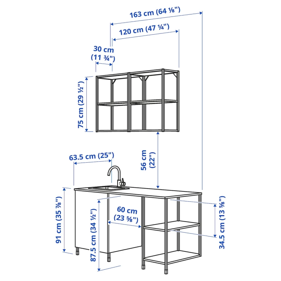 Комбинация для кухонного хранения  - ENHET  IKEA/ ЭНХЕТ ИКЕА, 163x63,5x222 см, белый/серый (изображение №3)