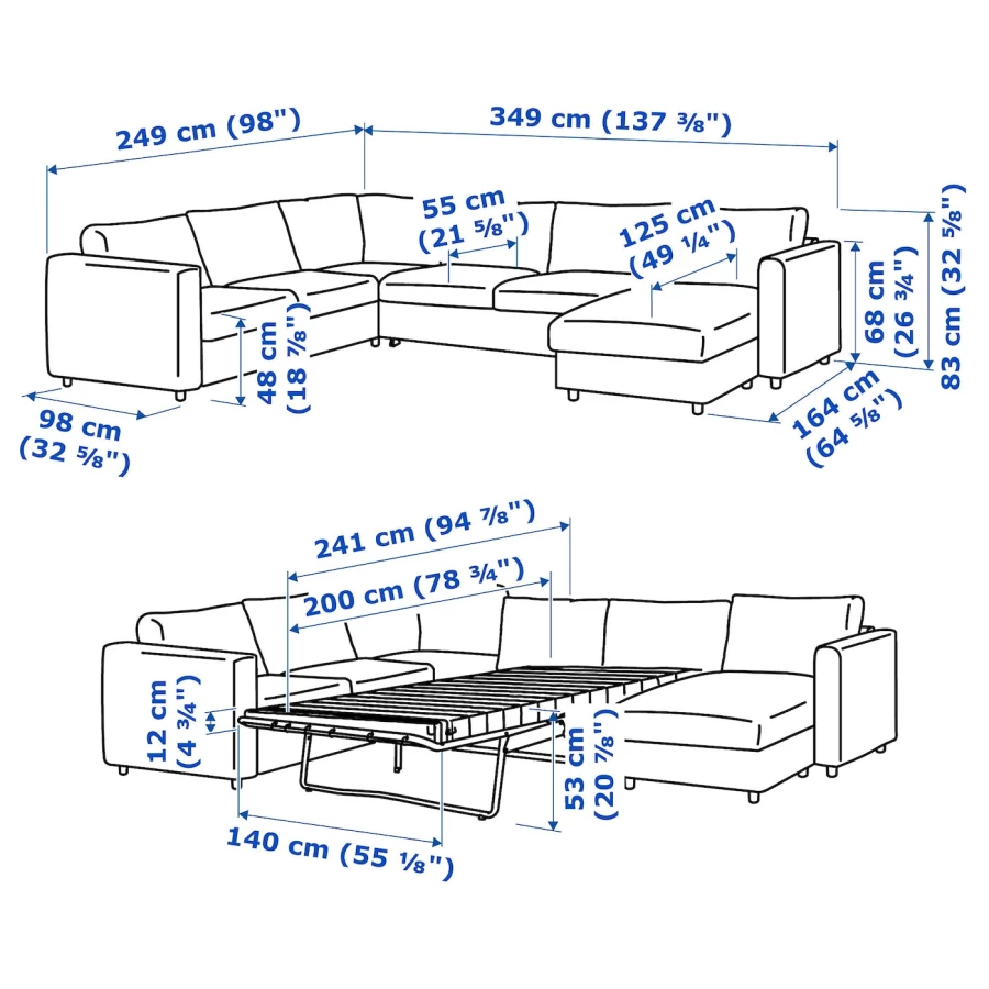 5-местный угловой диван со спальным местом - IKEA VIMLE/SAXEMARA, сине-черный, 349/249х164/98х83 см, 140х200 см, ВИМЛЕ ИКЕА (изображение №10)