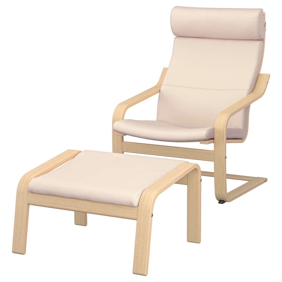 Кресло с подставкой для ног - IKEA POÄNG/POANG/ПОЭНГ ИКЕА, 100х82х68см, под беленый дуб/глосе кремовый/молочный (изображение №1)