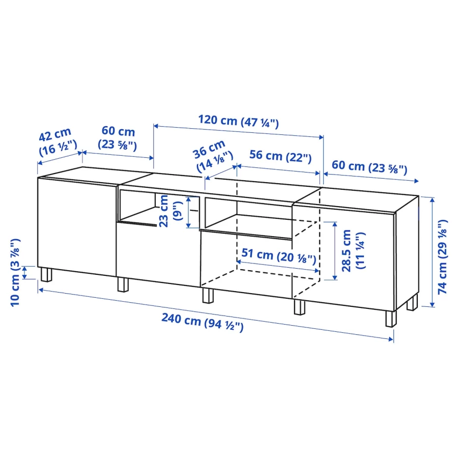 Тумба под ТВ с дверцами и ящиками - IKEA BESTÅ/BESTA/БЕСТО ИКЕА, 42х74х240 см, белый (изображение №8)