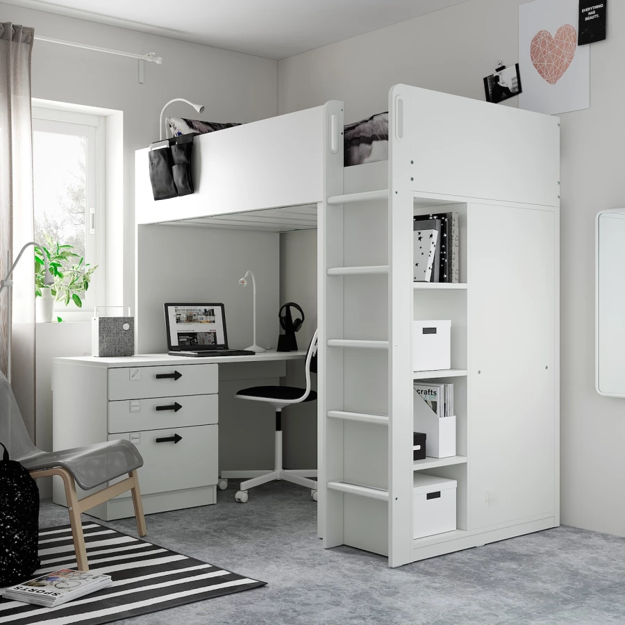 Кровать двухъярусная - IKEA SMÅSTAD/SMASTAD/СМОСТАД ИКЕА, 90x200 см, белый/черный (изображение №4)