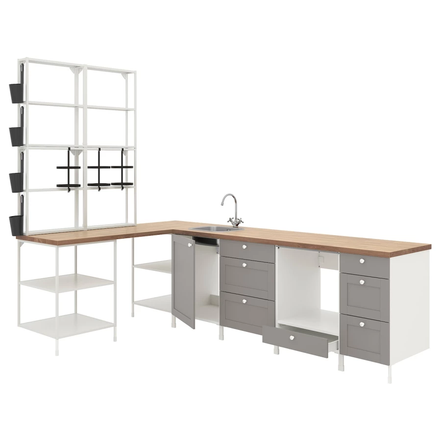 Угловая кухонная комбинация для хранения - ENHET  IKEA/ ЭНХЕТ ИКЕА, 181,5х281,5х75 см, белый/серый/бежевый (изображение №1)