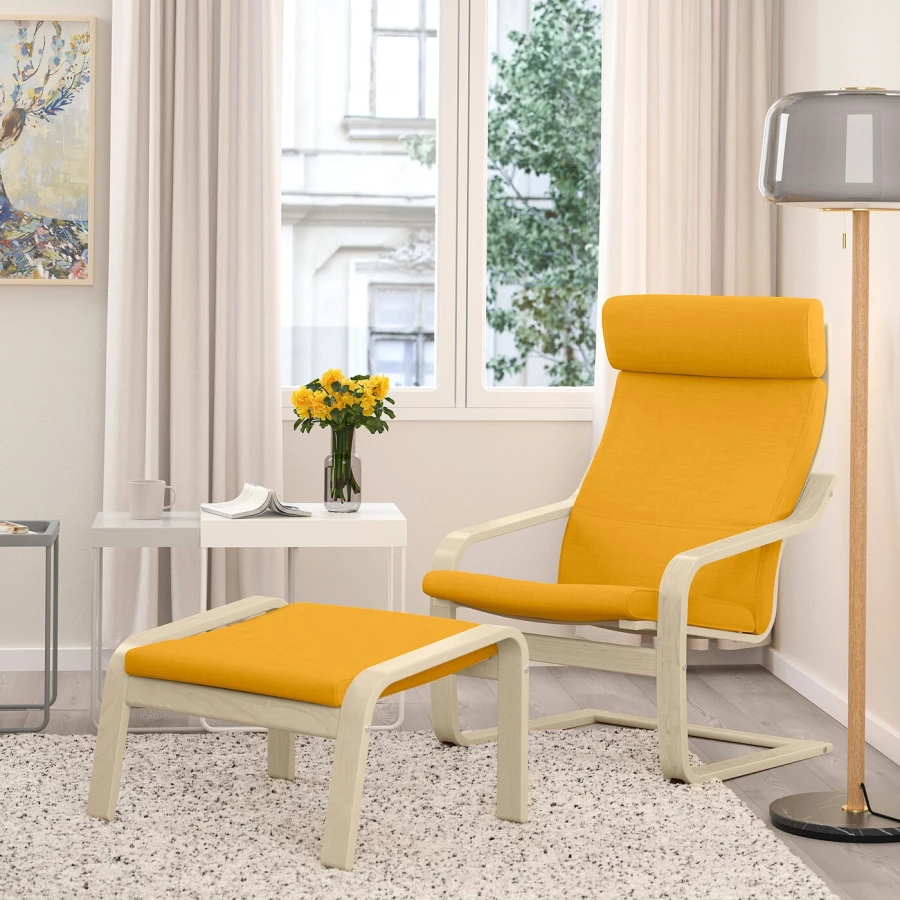 Кресло и табурет для ног - IKEA POÄNG/POANG/ПОЭНГ ИКЕА, 68х82х100 см, жёлтый (изображение №2)
