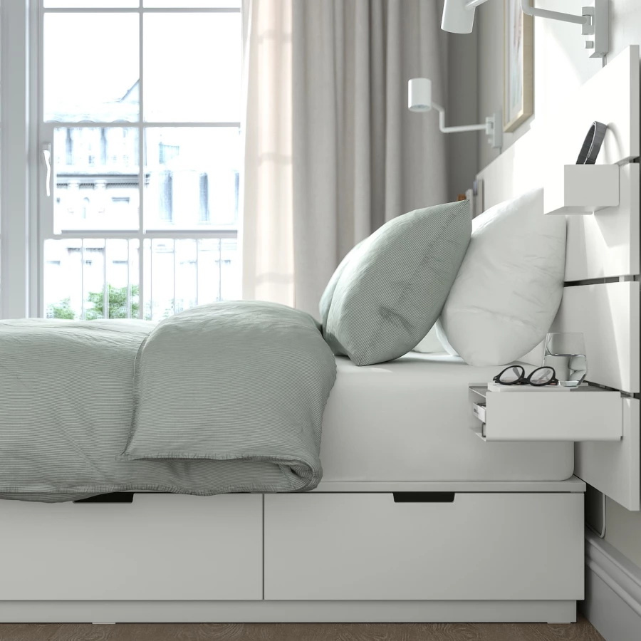 Каркас кровати с контейнером и матрасом - IKEA NORDLI, 200х140 см, матрас средне-жесткий, белый, НОРДЛИ ИКЕА (изображение №6)